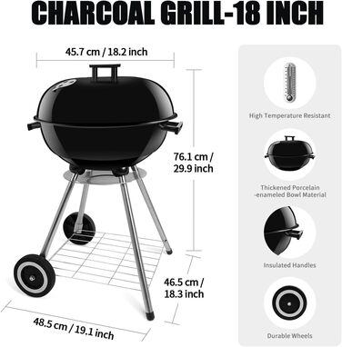 Портативний вугільний гриль 18 дюймів з аксесуарами, потужний гриль на колесах з полицею для зберігання для приготування їжі на відкритому повітрі, барбекю та кемпінгу