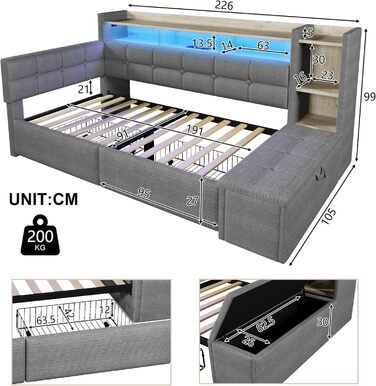 Кушетка, диван-ліжко, 90190 см, з двома шухлядами, портами USB та Type-C, відділенням для зберігання речей, лавкою для зберігання речей у нижньому кінці, світлодіодною стрічкою, без матраца, оксамит (темно-сірий)