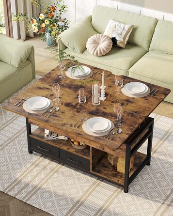 Журнальний столик з регульованою висотою, багатофункціональний стіл для вітальні 3-в-1, журнальний столик з 2 шухлядами, приховане місце для зберігання речей, відкрите відділення, можна використовувати як обідній стіл, для вітальні, офісу, коричневий