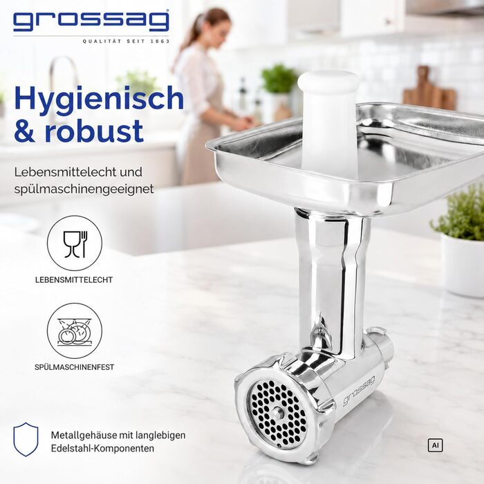 Насадка-м'ясорубка grossag для KitchenAid з нержавіючої сталі, 3 перфораційні решітки, KFW 500