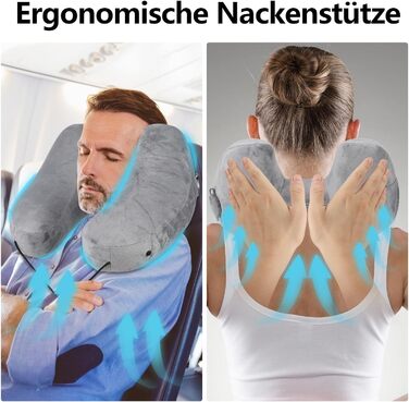 Надувна подушка для шиї Czemo Travel Pillow Airplane, Quick Inflatable Neck Pillow Airplane, Neck Pillow H Shaped Everlasting Comfort, дорожня подушка для подорожей в автомобілі, літаку, поїзді, сірий