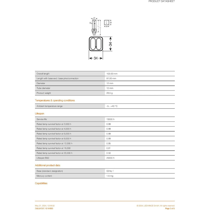 Компактна люмінесцентна лампа OSRAM DULUX DE, 10 Watt, G24q1 EEK A