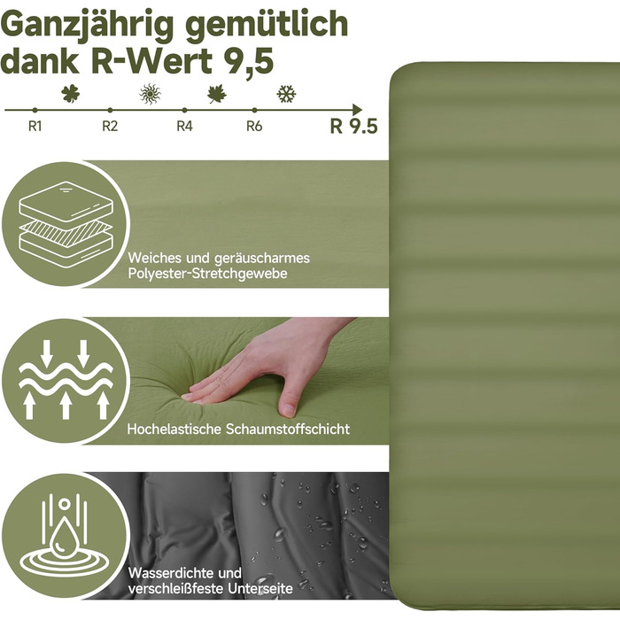 Самонадувальний килимок для сну OUTSKIRT, кемпінговий матрац товщиною 10 см з насосним мішком, коефіцієнт теплоізоляції 9,5, самонадувальний килимок для сну для намету, автомобіля, вантажівки або фургона, зелений, подвійний