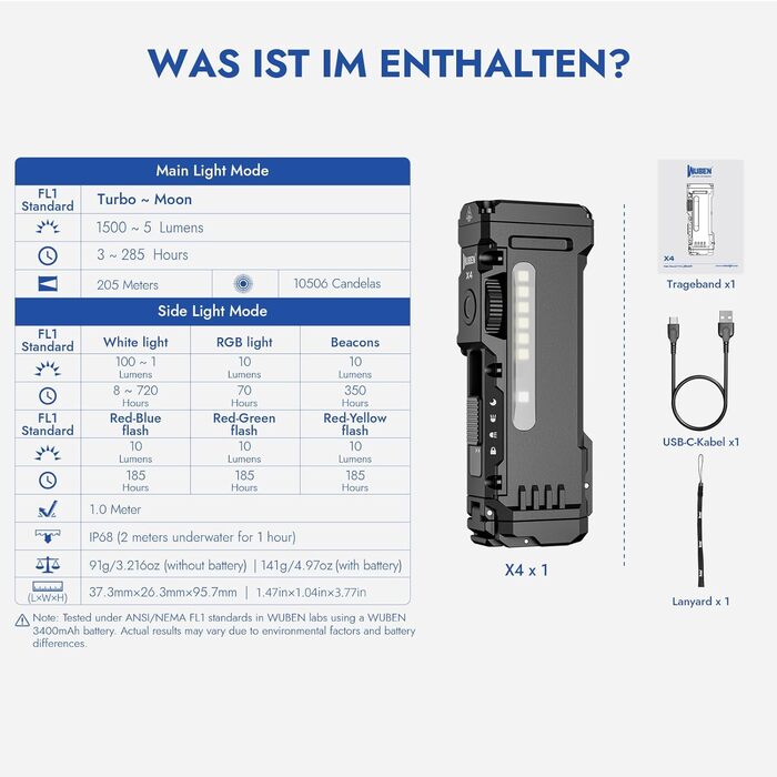 Міні-світлодіодний ліхтарик WUBEN X4 з RGB-підсвіткою, маленький акумуляторний ліхтарик 1500 люмен, тактичний ліхтарик EDC IP68 для кемпінгу, вечірок, надзвичайних ситуацій, чорний