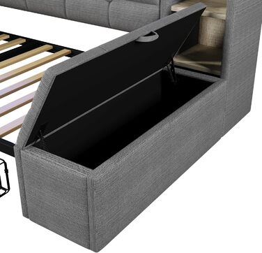Кушетка, диван-ліжко, 90190 см, з двома шухлядами, портами USB та Type-C, відділенням для зберігання речей, лавкою для зберігання речей у нижньому кінці, світлодіодною стрічкою, без матраца, оксамит (темно-сірий)