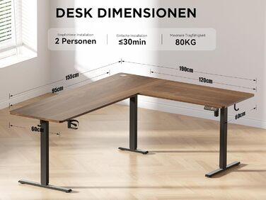 Подібний електричний стіл з регульованою висотою, 190 x 150 см, кутовий стіл, регульована висота, комп&39ютерний стіл з можливістю роботи сидячи та стоячи з органайзером для кабелів для офісу, ігровий, чорний горіх, 190 x 150 см