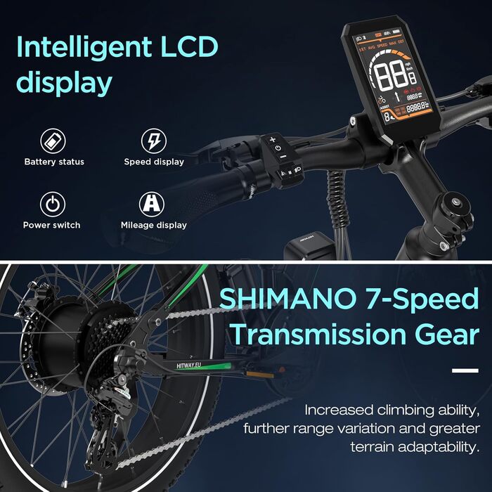 Електричний велосипед HITWAY E-Bike для дорослих 26 дюймів 4.0 Fat Tire, гірський електричний велосипед 48V 15Ah, Pedelec, 7 швидкостей, до 70-150 км, зарядний пристрій акумулятор 48V 15Ah, чорний