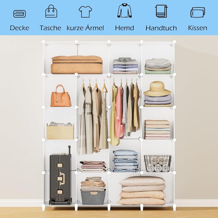 Шафа HOMIDEC, Портативна система полиць, Пластикова шафа на 20 кубів з 2 рейками для одягу, Шафа для спальні, Біла, 180 x 142 x 45 см, 20 кубів, Повністю біла