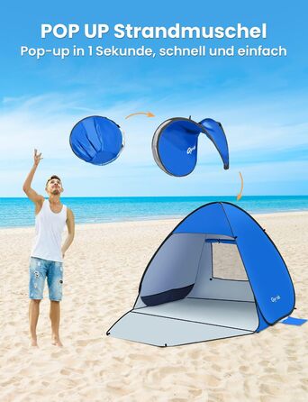 Пляжний навіс Glymnis з дверима на блискавці, захист від ультрафіолету 50, вітрозахисний, невеликий розмір у упаковці, синій, для 1-2 осіб