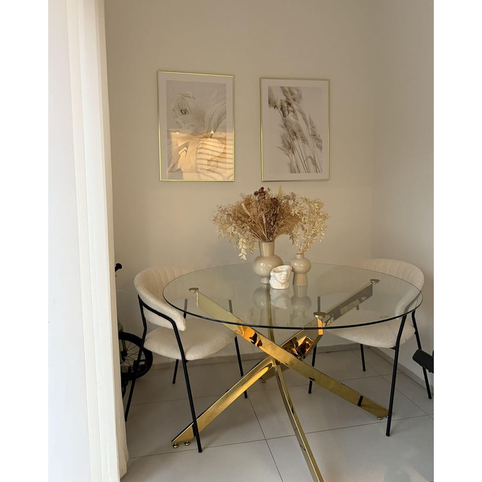 Обідній стіл Beliani, безпечне скло, прозорий, 120 см, круглий з металевим каркасом, золотий Maramo