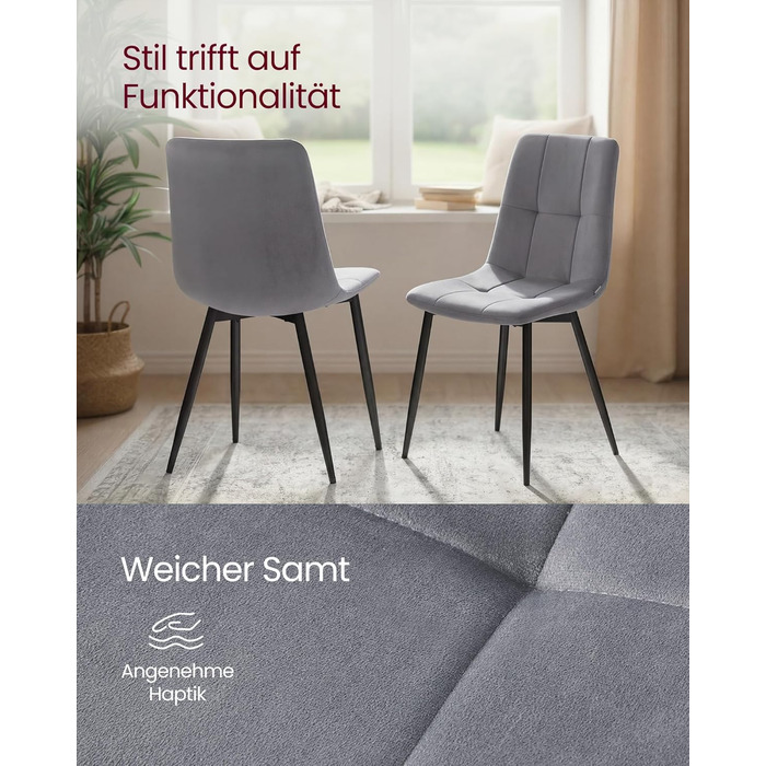 Обідні стільці VASAGLE з оксамитового оздоблення, кухонні стільці (витримують вагу до 120 кг), крісла з регульованими ніжками, сучасні, м&39які, для вітальні, комплект з 4 шт. , сірий сланцевий колір KDC080GN01 Комплект з 4 шт. , сірий сланцевий колір