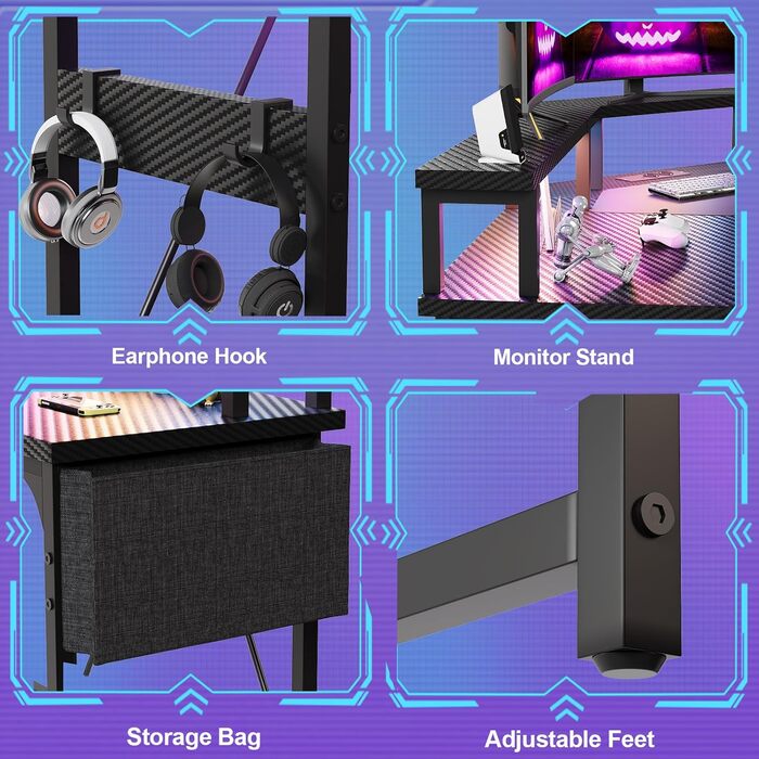 Ігровий стіл Devoko LED 153x153 см, ігровий стіл з підставкою для монітора, ігровий стіл для ПК з 2 розетками та 2 портами для зар