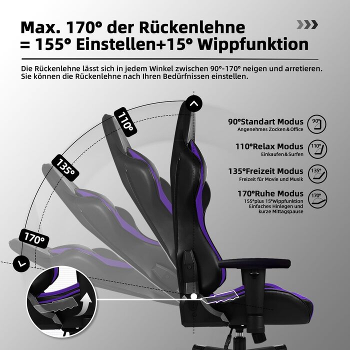 Геймерське крісло, офісне крісло з функцією гойдання до 170, геймерське крісло з регульованою поперековою подушкою, підголівником та підлокітниками, зручна подушка сидіння, геймерське крісло вантажопідйомністю 150 кг