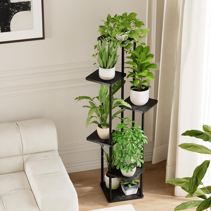 Висока підставка для квітів Bamworld Black Металева підставка для рослин з 6 ярусами Компактна полиця для рослин для вітальні, балкона та кута Квітковий табурет та декоративна полиця для використання в приміщенні, 6 ярусів Чорний дуб