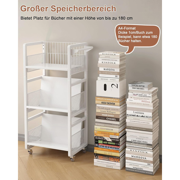 Металевий книжковий візок на колесах, вантажопідйомність 70 кг, бібліотечний візок з ручкою, 3 полиці, книжкова шафа на колесах для вітальні, спальні, офісу, бібліотеки з 3 магнітними підставками для книг білий