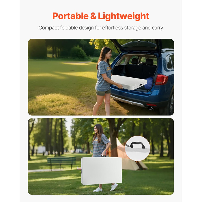 Розкладний фуршетний стіл VEVOR, портативний універсальний стіл, 244 см, прямокутний пластиковий стіл (для 6-8 осіб) з інтегрованою ручкою, садовий стіл, кемпінговий стіл для вечірок, пікніків, кемпінгу, білий