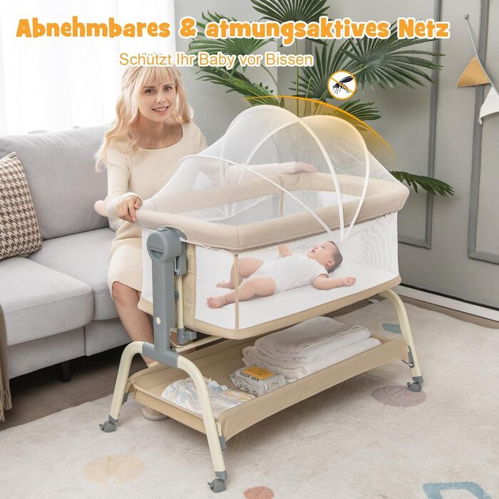 Дитяче ліжечко COSTWAY 4 в 1 з москітною сіткою, бічним ліжком, колискою та люлькою, а також дорожнім ліжком з матрацом, 6 регульованих рівнів висоти, сумкою для перенесення, складним портативним ліжечком для дітей до 6 місяців (бежевий)