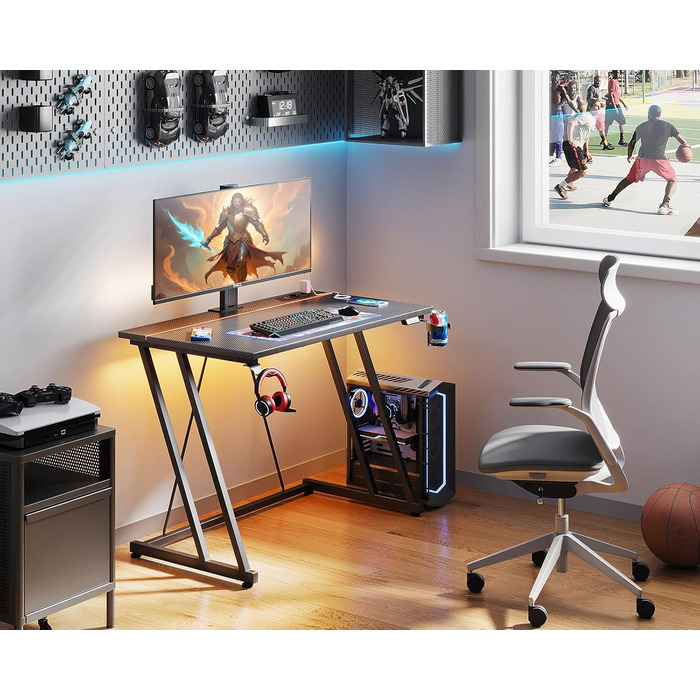 Ігровий стіл ODK 80 x 50 см зі світлодіодним підсвічуванням, ігровий стіл з підставкою для чашок та гачком для навушників, дизайн з подвійною Z-подібною рамою, невеликий комп&39ютерний стіл, чорний колір з вуглецевого волокна, 80 см, чорний колір з вуглец