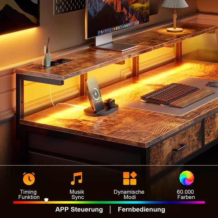 Письмовий стіл з 8 шухлядами, комп&39ютерний стіл з 2 розетками та 2 USB-портами для зарядки, офісний стіл зі світлодіодним освітленням та підставкою для монітора, ПК-стіл для офісу, вітальні, 120 x 50 x 74 см, коричневий