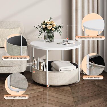 Круглий білий журнальний столик WLIVE, столик для вітальні з тканинним кошиком, металевий каркас, журнальний столик для вітальні з диваном, діаметр 60 дюймів, журнальний столик для вітальні, спальні (білий, діаметр 60 дюймів)
