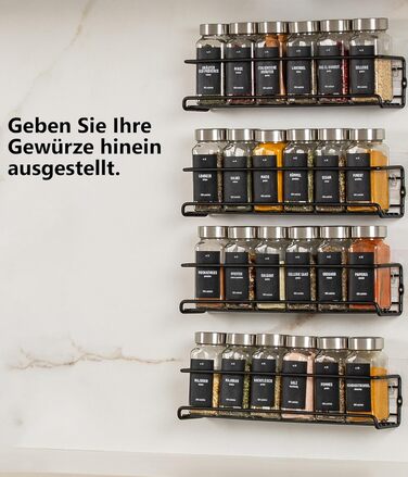 Настінна підставка для спецій Deco haus (свердління не потрібне) З 24 БАНКАМИ ДЛЯ СПЕЦІЙ ТА ЕТИКЕТКАМИ - Підвісна підставка для спецій, комплект з 4 шт. - Чорний тримач для спецій (свердління не потрібне) - Органайзер для спецій - Кришки з нержавіючої ста