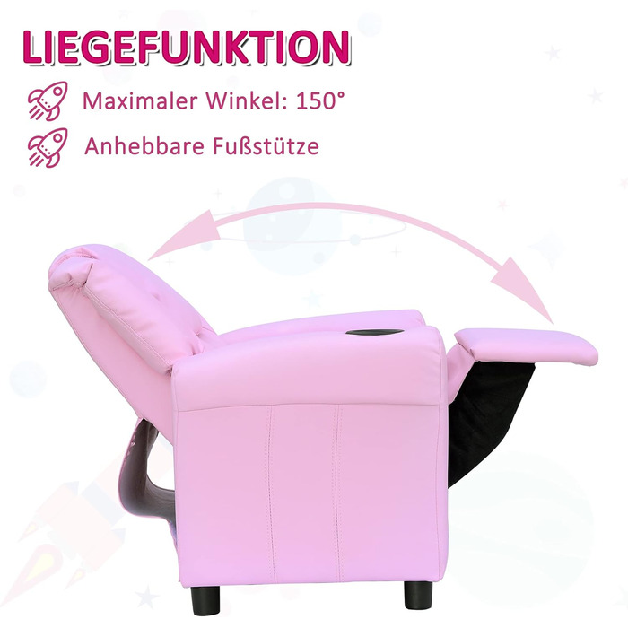 Дитячий диван HOMCOM, Дитяче крісло з підставкою для ніг, підлокітниками, підставками для чашок, регульованою спинкою, розкладний диван, Дитячий диван, Крісло для відпочинку, Дитячий диван для хлопчиків та дівчаток 3-6 років, Рожевий