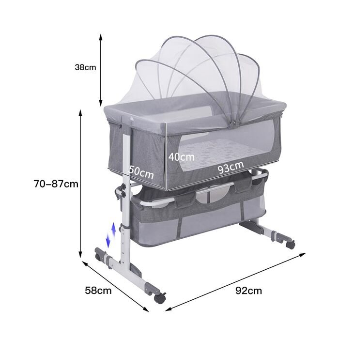 Портативне дитяче ліжечко 3-в-1 з дихаючою тканиною, регульованою колискою та кошиком для зберігання, 92 x 58 x 70-90 см - кремово-біле