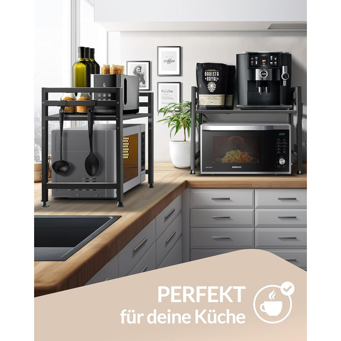 Полиця для мікрохвильової печі, кухонна полиця, стояча, сталь (2-рівнева) Полиця для мікрохвильової печі, шафа для мікрохвильової печі Полиця для зберігання, полиця для пекарні, регульовані по висоті та довжині полиці відеоінструкції, гачки - Чорний, 2-рі