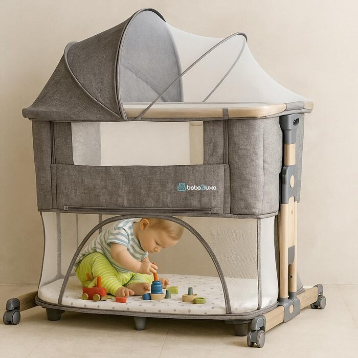 Дитяче ліжечко 4-в-1 від народження до 15 кг, додаткове ліжко з 5 регулюваннями висоти, з матрацом/складною бічною панеллю/колесами, ліжечко з сітчастої тканини, з функцією манежу, (сірий), 2luxe Leo
