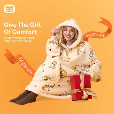 Ковдра-толстовка Giggling Getup Wearable Blanket велика фланелева ковдра з флісу та шерпи для дорослих, дітей, жінок та чоловіків, колір бежевого кота