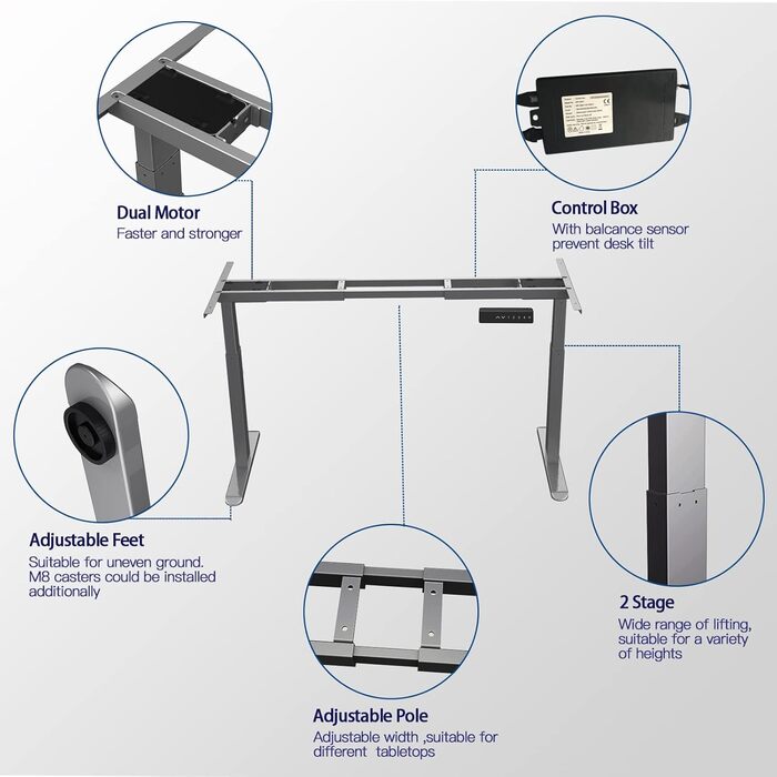 Каркас столу AIMEZO з регулюванням висоти та 2 двигунами, електричне регулювання висоти каркасу столу, захист від зіткнень та функція пам&39яті, сірий