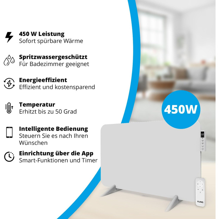 Розумний інфрачервоний обігрівач FlinQ 450 Вт Електричний радіатор Інфрачервоний настінний та окремостоячий пристрій Електричний обігрівач для ванних кімнат З термостатом Біла панель 450 Вт