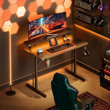Ігровий стіл ODK, Невеликий ігровий стіл зі світлодіодним освітленням, Комп&39ютерний стіл 80 см з полицею для монітора, Чорний стіл для ПК з вуглецевого волокна 80 см