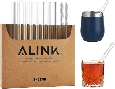 Прозора соломинка для пиття ALINK Glass Straws пряма 8 шт. 10 мм x 15,2 см, багаторазові скляні соломинки для пиття 2 щітки для чи