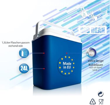 Термобокс BigDean 24 літри, синій/білий - Ізольований бокс з охолодженням до 14 годин - Сумка-холодильник для подорожей - Термобокс для кемпінгу, пікніків та саду - Зроблено в Європі 24 літри, включаючи 6 пакетів з льодом