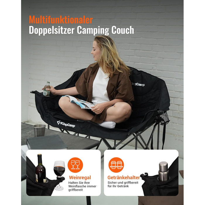 Розкладний кемпінговий диван KingCamp (до 300 кг), розкішне розкладне кемпінгове крісло для 2 осіб, м&39який кемпінговий диван з підлокітниками, подвійне кемпінгове крісло з високою спинкою, 1-, 2- та 3-місна кемпінгова лавка для саду або балкону (L - чор