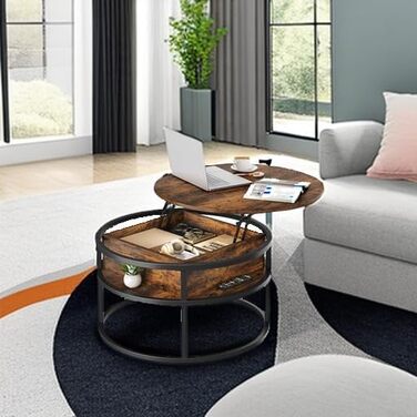 Круглий журнальний столик з підйомною стільницею, стіл для вітальні з прихованим відділенням для зберігання, круглий бічний столик з місцем для зберігання для домашнього офісу, круглий центральний стіл для вітальні 80x80x47 см коричневого кольору