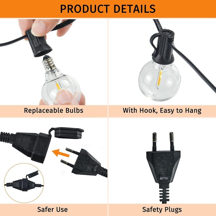 Світлодіодні казкові ліхтарі на відкритому повітрі, 10M 18 лампочок 1 заміна, G40 лампочки ABS пластикові казкові ліхтарі електрич