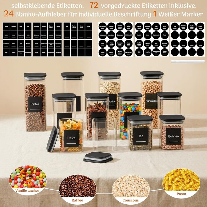 Герметичні банки для зберігання з кришками, набір з 12 шт. , скляні контейнери для зберігання з кришками, скляні контейнери для кухні, банки для зберігання пластівців, печива та продуктів, загальний об&39єм 9,2 літра