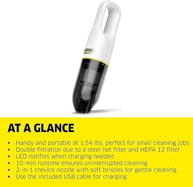 Акумуляторний ручний пилосос Krcher CVH 2, компактний і легкий пилосос для швидкого прибирання крихт, контейнер для пилу 0,15 л, в