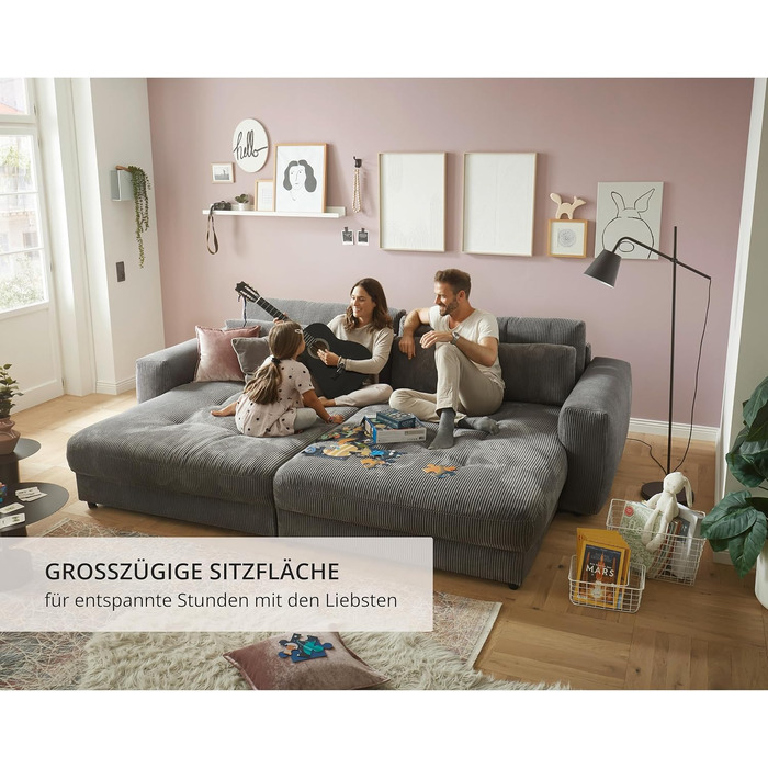 Великий диван BARURA Cord темно-сірого кольору XXL диван з великою спальною зоною, сучасний диван 292x194 см, включаючи подушки для ніг