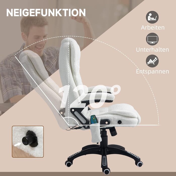 Офісне крісло Vinsetto з функцією масажу, ергономічне крісло керівника з підігрівом, функцією відкидання спинки, функцією гойдання, регулювання висоти, поворот на 360, комп&39ютерне крісло з бічною кишенею, оксамитовий вигляд ведмедика, білий (100 поліест