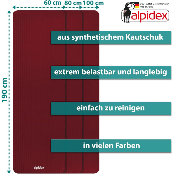 Килимок для йоги ALPIDEX Дуже товстий гімнастичний килимок 1,5 см 3 розміри Нековзний фітнес-килимок без фталатів Перенесення ременя Гімнастика Пілатес Спорт Фізіо HiiT Тренувальний килимок для йоги Килимок для сну (Бордо, 190 х 80 х 1,5 см)