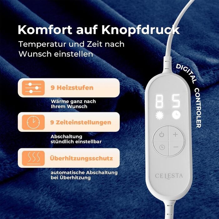 Фланелева ковдра з підігрівом CELESTA з автоматичним вимкненням, 180 x 130 см, 9 налаштувань температури, таймер 1-9 годин, автоматичне вимкнення, ковдра з підігрівом, можна прати в пральній машині - для дивана, ліжка та офісу, темно-синій, темно-синя фла