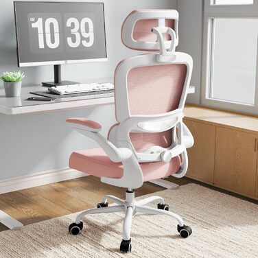 Ергономічне офісне крісло TRALT - Офісне крісло з регульованою поперековою опорою та підголівником, Ігрове крісло - Офісне крісло - Крісло для столу, Крісло для домашнього офісу, Ергономічне, Вага вантажопідйомність 150 кг, для високих людей, Рожеве