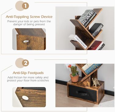 Рівнева книжкова полиця з шухлядою, книжкова полиця/полиця для CD/DVD у формі дерева, окремостояча полиця у формі дерева, перегородка для кімнати/полиця для файлів/полиця для зберігання, дерев&39яна, 38x20x149,5 см, вінтажний коричневий колір, 10-