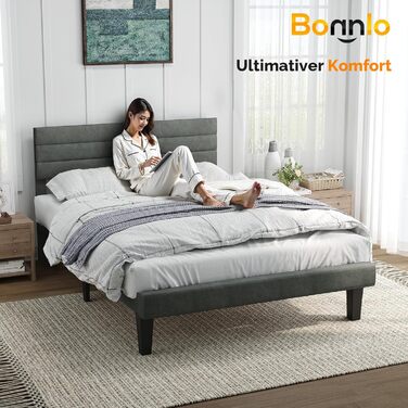 Ліжко Bonnlo з м&39якою оббивкою 140x200 см з регульованим узголів&39ям, ліжко 140x200 з дерев&39яною рейковою основою, оксамит (без матраца) 140x200 см світло-сірий