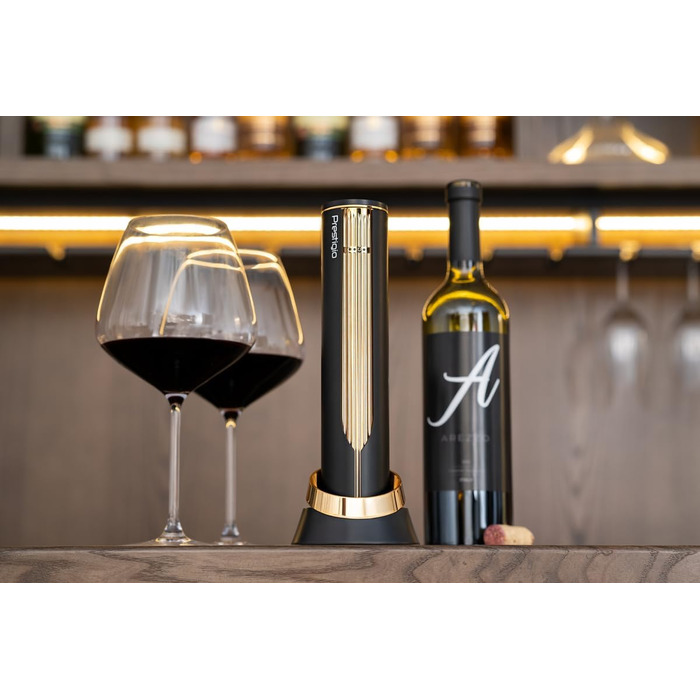 Електричний штопор Prestigio Maggiore - Відкривачка для винних пляшок преміум-класу з зарядною док-станцією - Вбудований різак для фольги - упакований у високоякісну подарункову коробку - Чорний/Золотий Maggiore - Багате золото