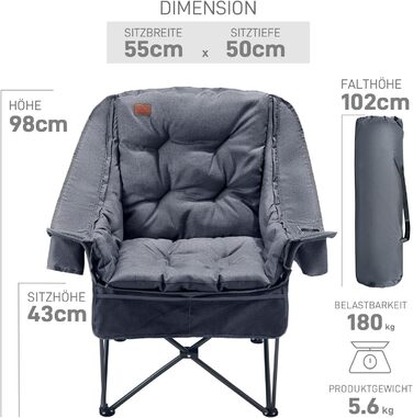 Складаний кемпінговий стілець EVER ADVANCED 2-в-1, великий зі знімною оббивкою товщиною 6 см, вантажопідйомність 180 кг, складний стілець з боковими кишенями, відділенням для холодильника та тримачем для напоїв для кемпінгу, саду, риболовлі, сірого кольор