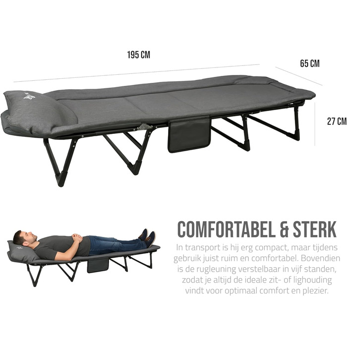 Складане розкладне ліжко для кемпінгу Регульоване розкладне ліжко з 5-позиційною спинкою, 4 міцними складними ніжками, бічною кишенею, мяким підголівником Компактне та зручне 1956527 см